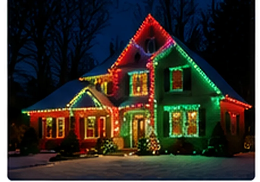 Multicolor Christmas lights on a house and front-yard holiday displays
